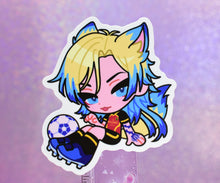 Load image into Gallery viewer, Anime character chibi sticker with blue and yellow colored hair in white border.