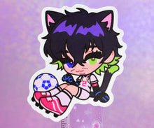 Load image into Gallery viewer, Anime character chibi sticker with purple colored hair in white border.