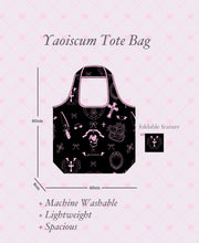 Load image into Gallery viewer, Yaoiscum tote bag with measurements and features on a pink background