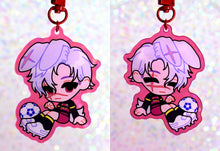 Load image into Gallery viewer, Anime character chibi keychain with lilac hair in red border with soccer ball.