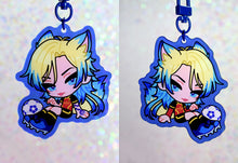 Load image into Gallery viewer, Anime character chibi keychain with blue and yellow hair in blue border with soccer ball.