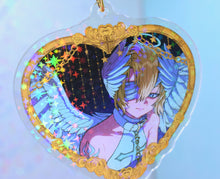 Load image into Gallery viewer, Heart-shaped keychain with anime-style character and colorful frame on a light blue background