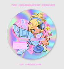 Load image into Gallery viewer, Holographic sticker with a cartoon character and 'Y2K' branding on a colorful background.